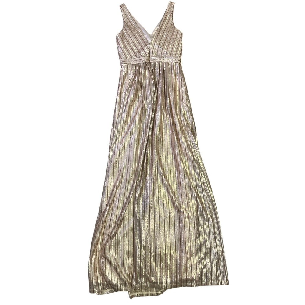 Adrianna Papell Weddington Way Gold Sequin Pleated Maxi Gown Formal Dress 2 - Picture 3 of 10